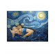 Quadro decorativo pintado a mão releitura da obra O beijo de Klimt  sob o céu estrelado de Van gogh  por Katia Almeida 90x120 