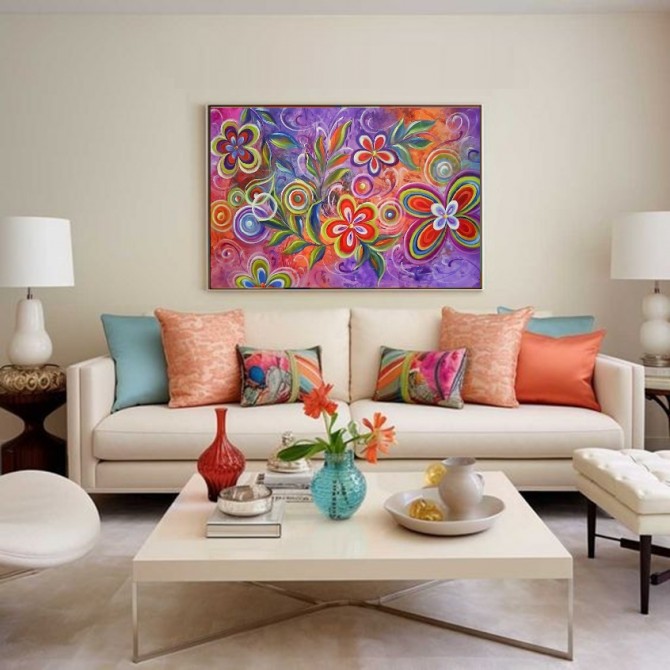 Quadro decorativo abstrato com flores estilizadas medida 70x100 