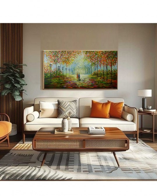 Quadro paisagem com casal e gatinhos pintado a mão 60x120 