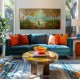 Quadro paisagem com casal e gatinhos pintado a mão 60x120 