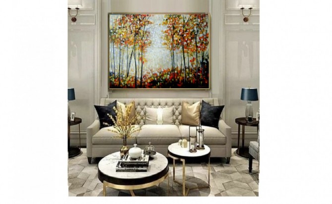 Quadro decorativo pintado a mão paisagem abstrato arvores 90x120 