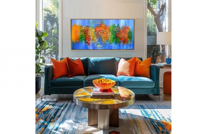 Quadro decorativo pintado a mão peixes 2b medida 60x120 