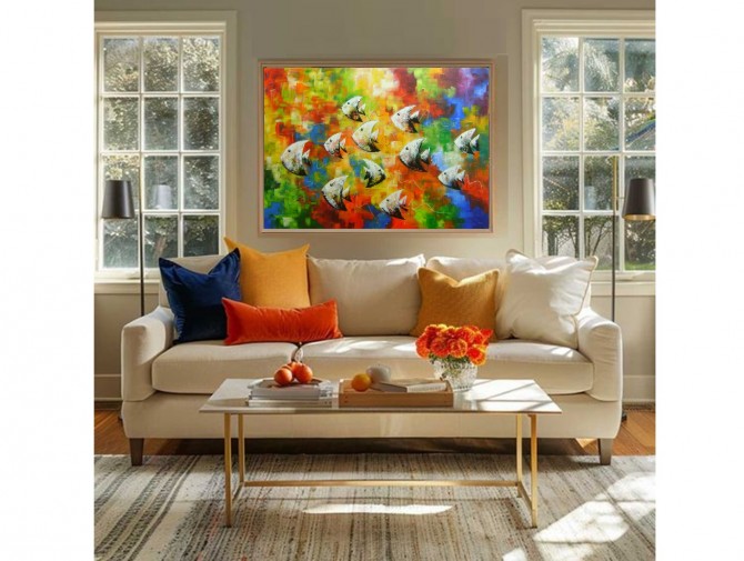 Quadro decorativo pintado a mão peixes 1A medida 70x100 
