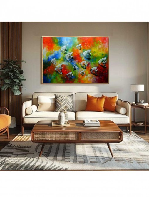Quadro decorativo pintado a mão peixes 1A medida 80x120 
