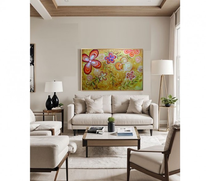 Quadro decorativo abstrato com flores estilizadas medida 100x150