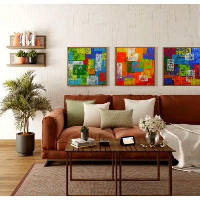 Quadro abstrato multicolorido pintado a mão geométricos espatulado 30x30