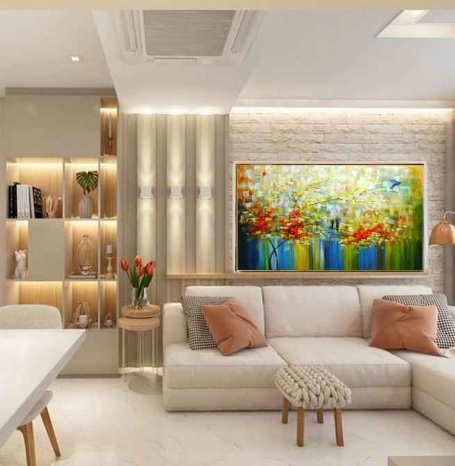 Quadro pintado a mão arvore e passarinhos medida 80x150 