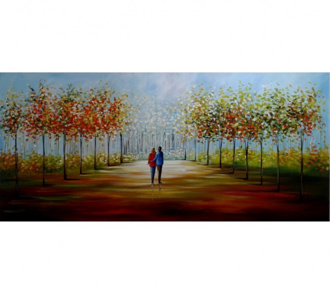 Quadro paisagem com casal e cão pintado a mão 70x150