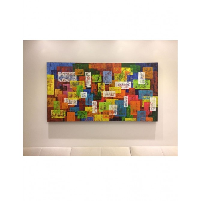Quadro abstrato multicolorido pintado a mão geométricos espatulado  80x150