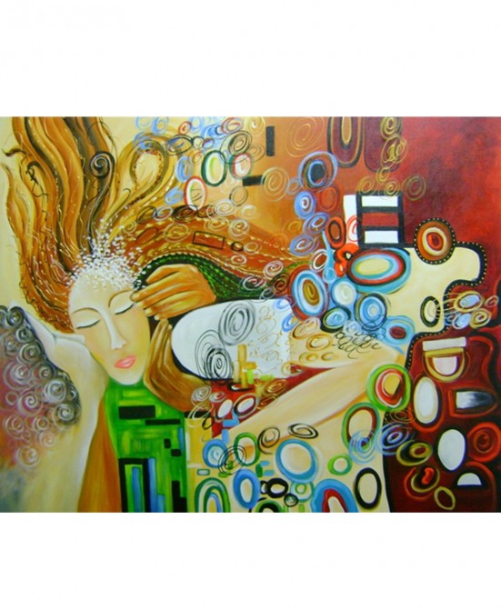 Quadro decorativo pintado a mão releitura da obra O beijo de Klimt por Katia Almeida 80x100 