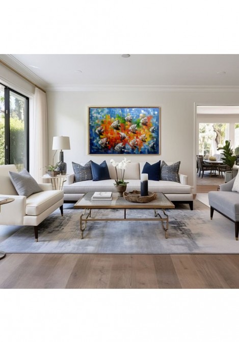 Quadro decorativo pintado a mão peixes 1A medida 80x120 
