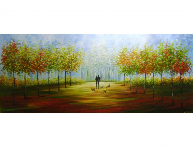 Quadro paisagem com casal e cão pintado a mão 70x170