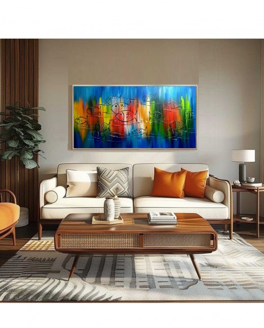 Quadro decorativo pintado a mão peixes 2b medida 60x120 