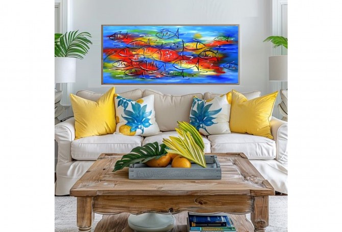 Quadro decorativo pintado a mão peixes 2b medida 40x100