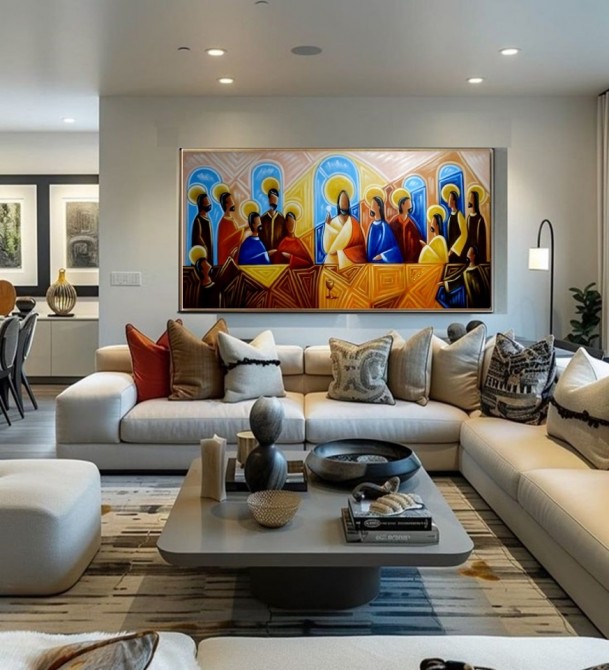 Quadro decorativo Santa ceia colorida moderna pintada a mão medida 100x200 