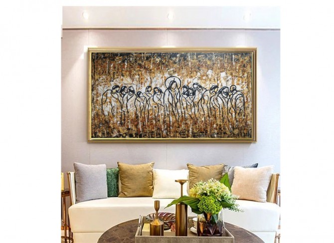 Quadro pintado a mão Santa ceia fundo tinta em relevo , medida 80x150