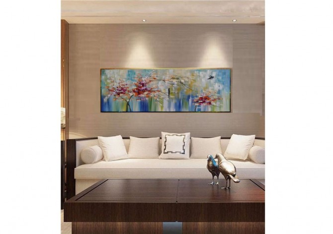 Quadro pintado a mão arvore e passarinhos medida 40x120