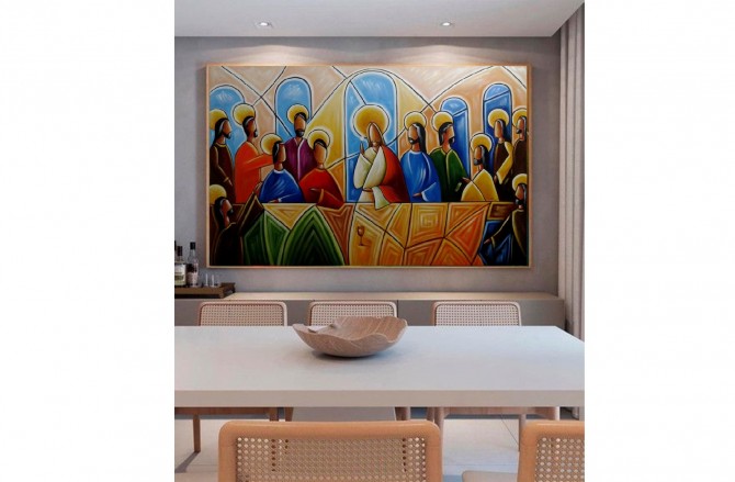 Quadro decorativo Santa ceia colorida moderna pintada a mão medida 80x120 