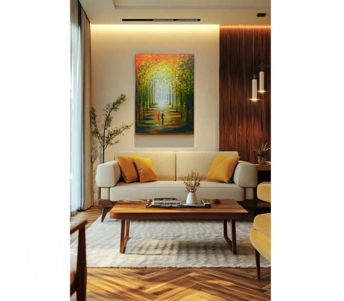 Quadro decorativo pintado a mão paisagem casal vertical medida 70x50