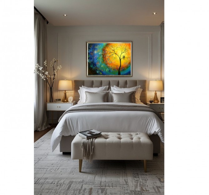 Quadro decorativo pintado a mão tema arvores e passarinhos estilo moderno 2a 50x70 