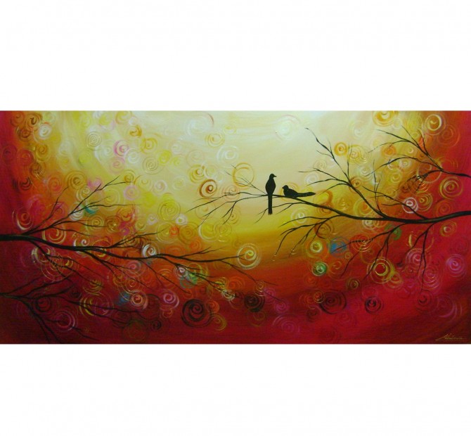Quadro decorativo pintado a mão tema arvores e passarinhos estilo moderno 2a 60x120