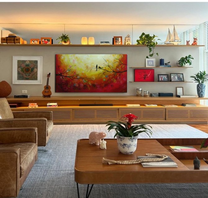 Quadro decorativo pintado a mão tema arvores e passarinhos estilo moderno 2a 70x140