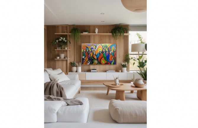 Quadro Santa ceia pintada a mão colorida modelo curvas  medida 60x100 