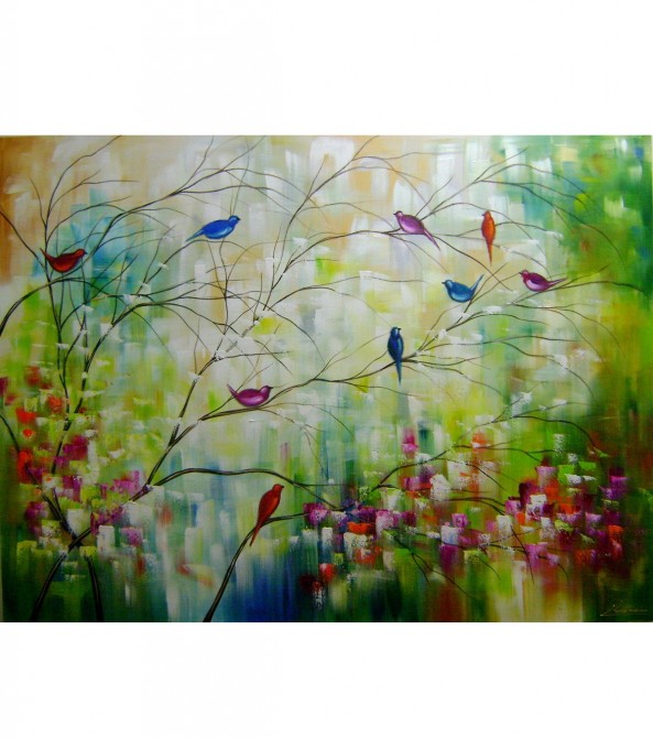 Quadro pintado a mão arvore e passarinhos medida 90x120 