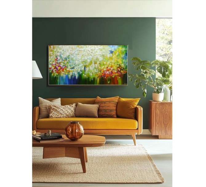 Quadro pintado a mão arvore e passarinhos medida 50x120 