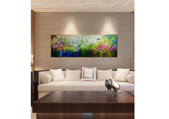 Quadro pintado a mão arvore e passarinhos medida 40x120