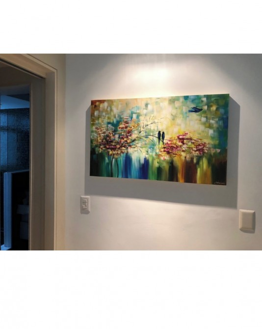 Quadro pintado a mão arvore e passarinhos medida 60x100 