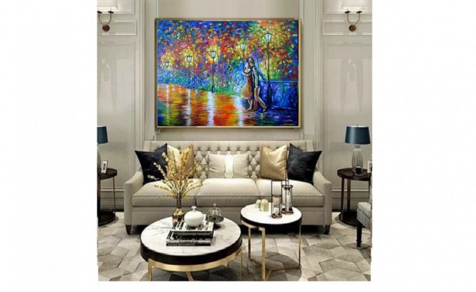 Quadro decorativo pintado a mão paisagem casal lustres medida 90x120 