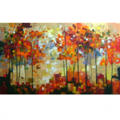 Quadro decorativo pintado a mão paisagem abstrato arvores 90x150