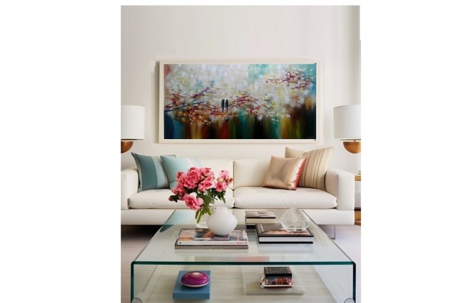 Quadro pintado a mão arvore e passarinhos medida 60x120 