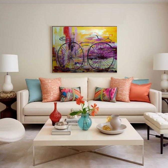 Quadro decorativo pintado a mão tema bike, ciclismo, bicicleta, abstrato,quadro original,medida  70x100