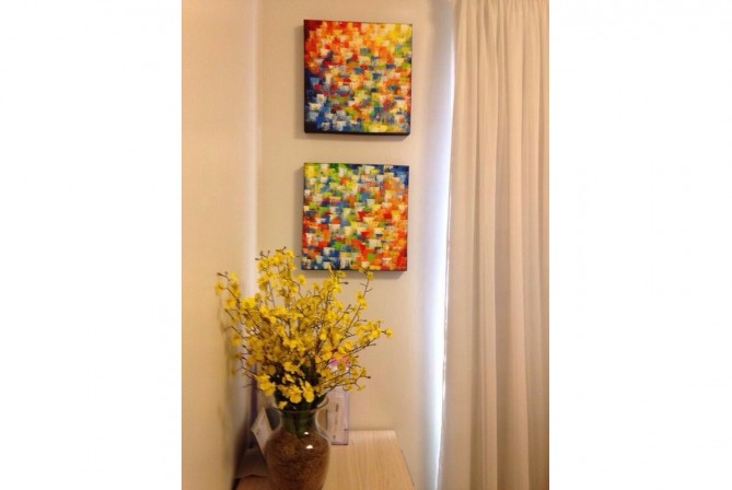 Quadros abstratos multicoloridos pintado a mão para composição cada 40x40 