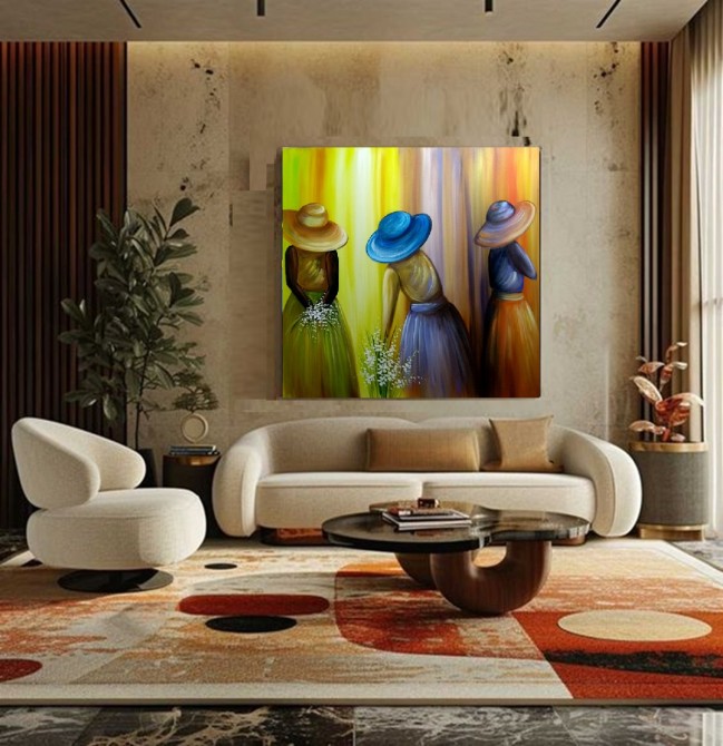 Quadro pintado a mão tema floristas, camponesas 110x110  