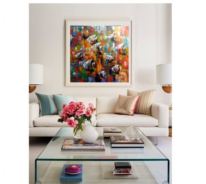Quadro decorativo pintado a mão peixes 1A medida 80x80 