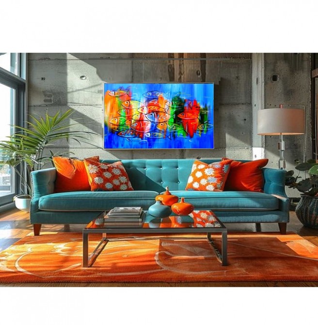 Quadro decorativo pintado a mão peixes 2b medida 60x100 