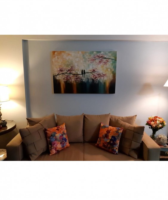 Quadro pintado a mão arvore e passarinhos medida 80x120