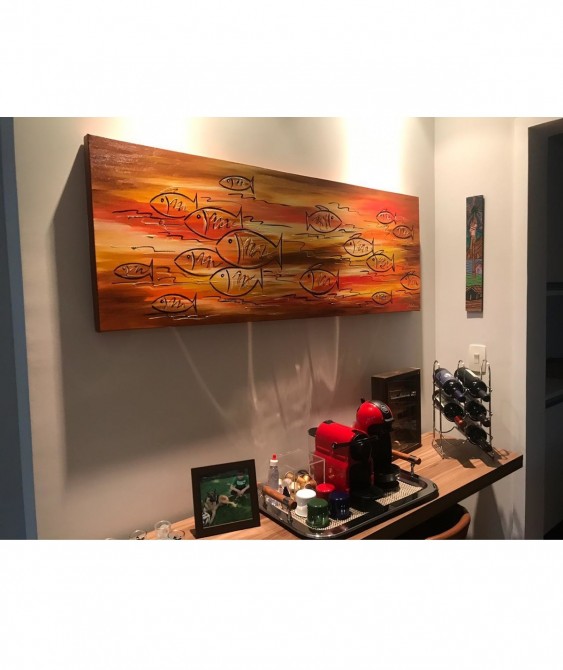 Quadro decorativo pintado a mão peixes 2b medida 50x140