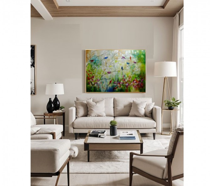 Quadro pintado a mão arvore e passarinhos medida 100x120 