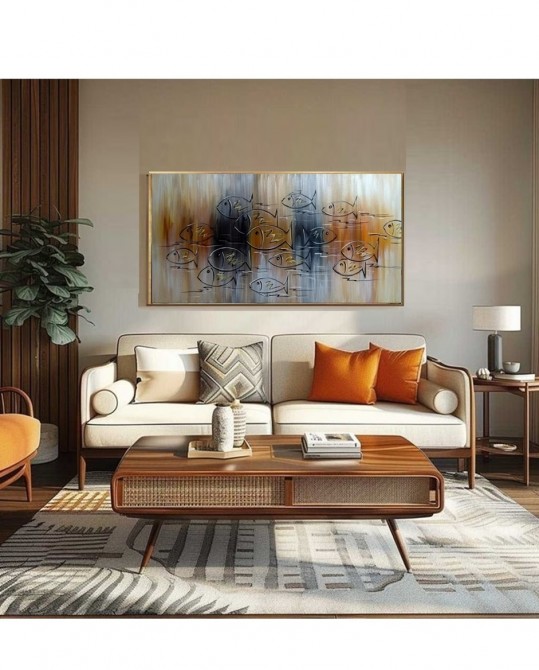 Quadro decorativo pintado a mão peixes 2b medida 60x120 