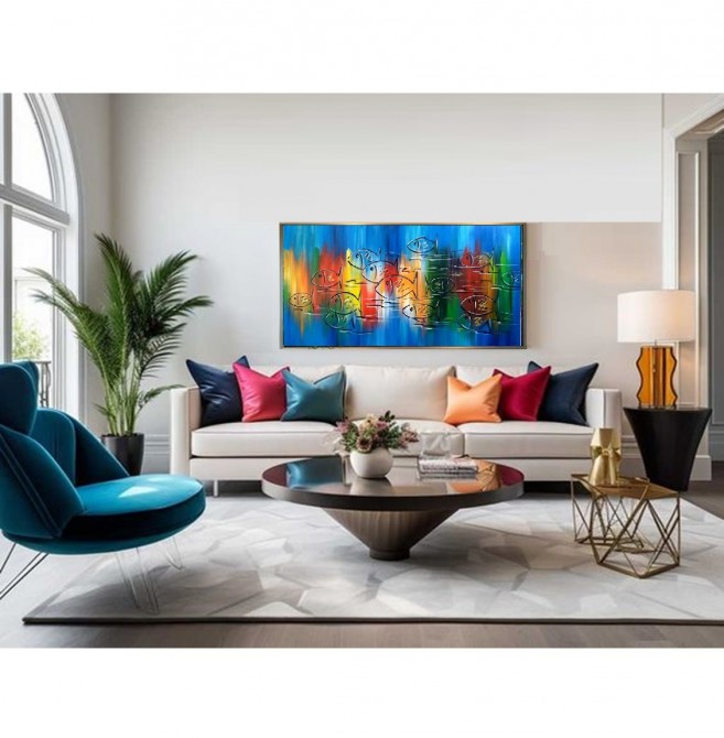 Quadro decorativo pintado a mão peixes 2b medida 50x100 