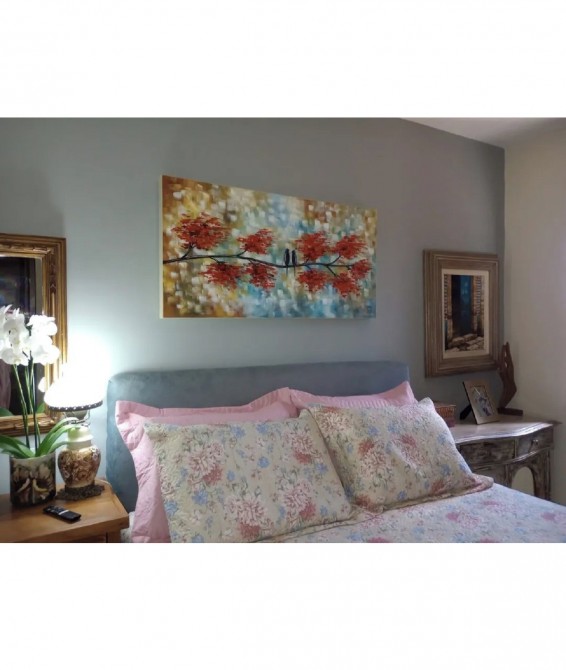 Quadro pintado a mão arvore e passarinhos flores vermelhas ,medida 60x120 