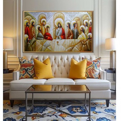 Quadro pintado a mão Santa ceia espatulada, para decoração medida 70x120 