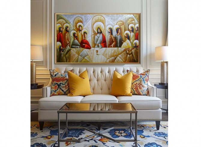 Quadro pintado a mão Santa ceia espatulada, para decoração medida 70x120 