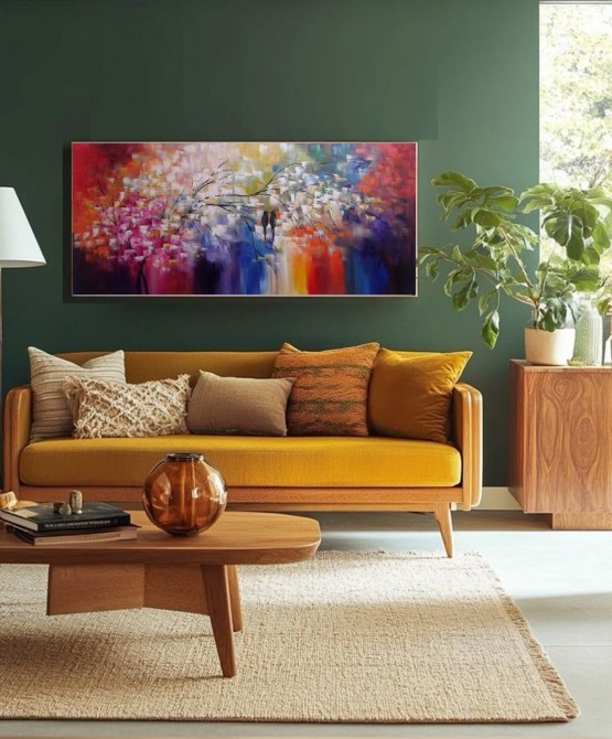 Quadro pintado a mão arvore e passarinhos medida 50x120 