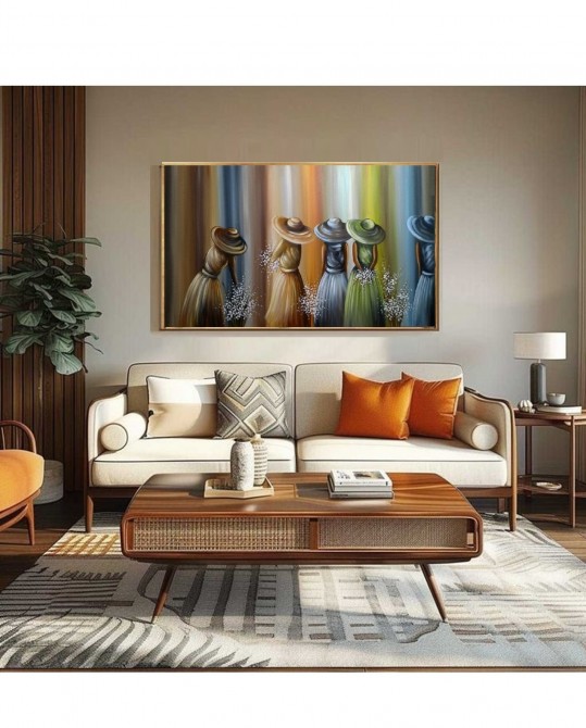 Quadro pintado a mão tema floristas, camponesas  70x120 