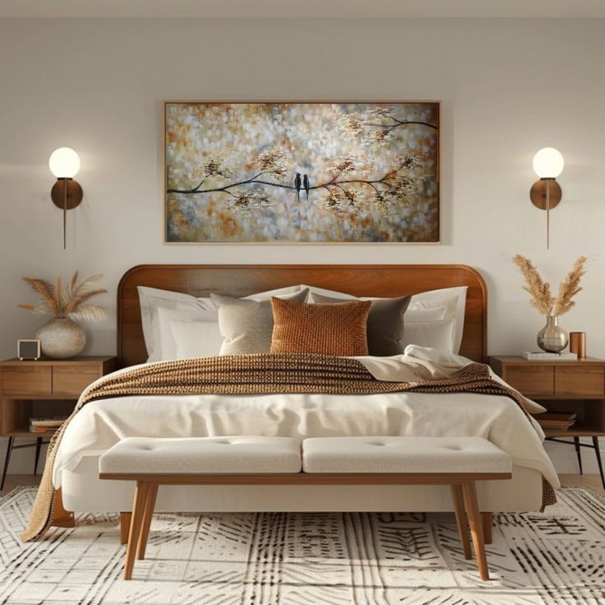 Quadro pintado a mão arvore e passarinhos medida 60x120 